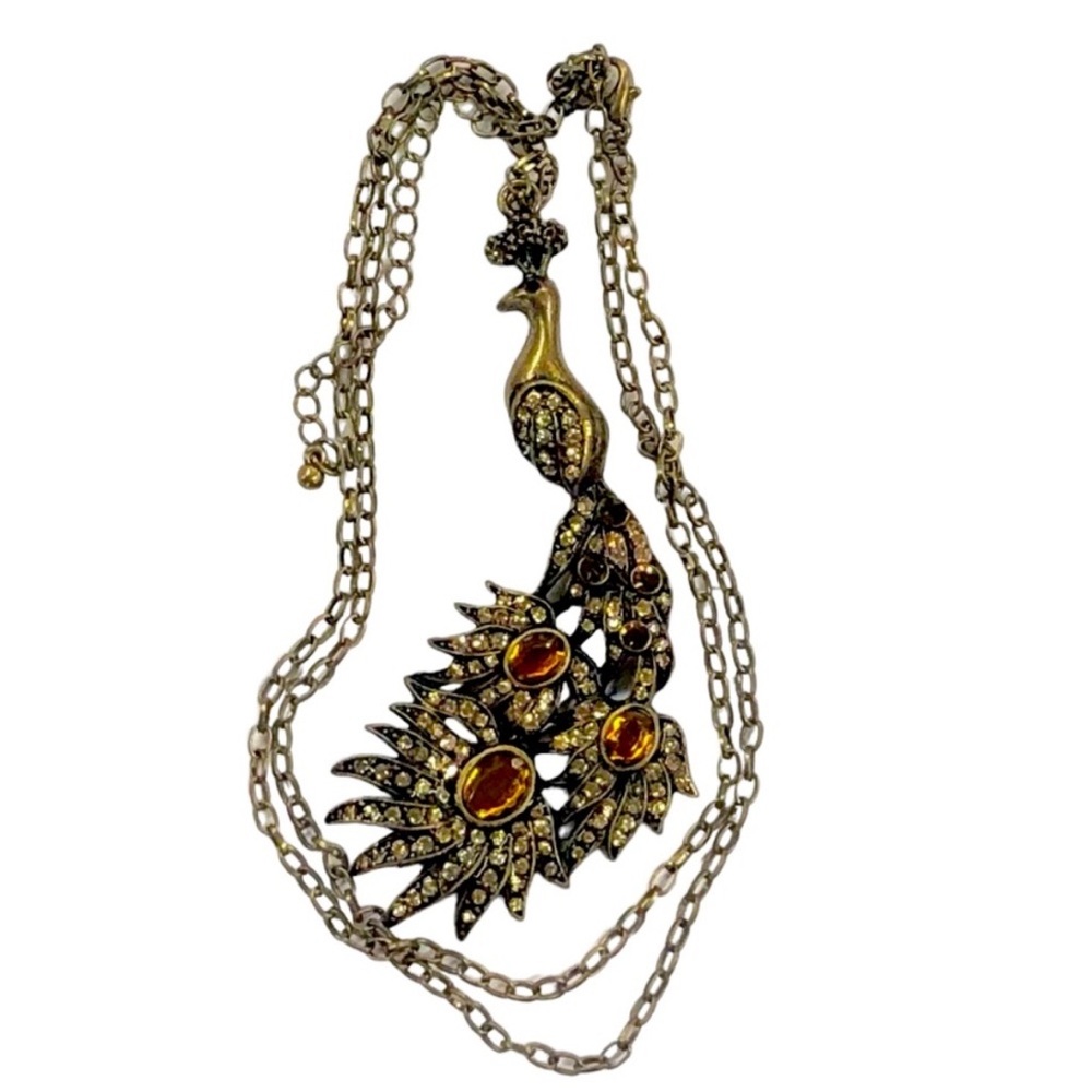 UNBRANDED Elegant TOPAZ Peacock RHINESTONE PENDANT Long VINTAGE Necklace